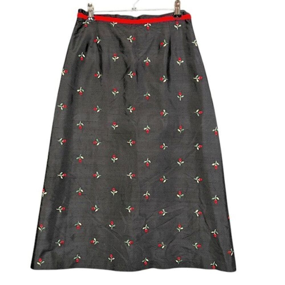 Shoshanna Vintage Silk Midi Skirt Black w/ Embroidered Rosebuds Back Zip Size 4